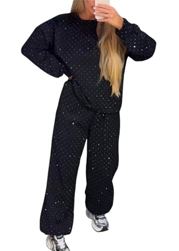 shownicer Damen Zweiteiler Outfit 2 Teilig Freizeitanzug Pailletten Sweatshirt und Lange Hose Jogginganzug Casual Trainingsanzug Sportanzug Herbst Winter Sportswear Damenanzug A Schwarz XL von shownicer