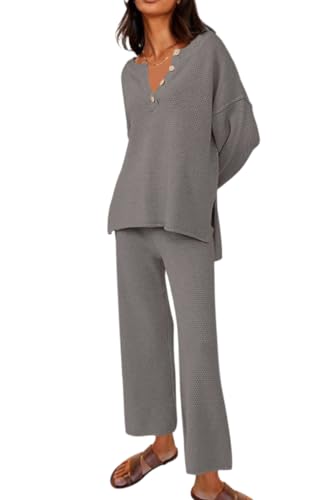 shownicer Damen Zweiteiler Outfits Pullover Sets Strickpullover Tops und Hosen Sets Casual Mode Loungewear Set Einfarbig 2 Teiler Freizeitanzug Outfits A Dunkelgrau XXL von shownicer