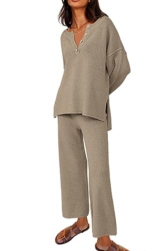 shownicer Damen Zweiteiler Outfits Pullover Sets Strickpullover Tops und Hosen Sets Casual Mode Loungewear Set Einfarbig 2 Teiler Freizeitanzug Outfits A Khaki XXL von shownicer