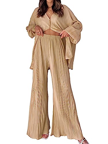 shownicer Damen Zweiteiler Plissee Set 2 Teiler Sommer Casual Outfits Revers Langarm Button Down Shirt Weites Bein Hose Loungewear Streetwear Anzüge Elegant Hosenanzüge A Khaki L von shownicer