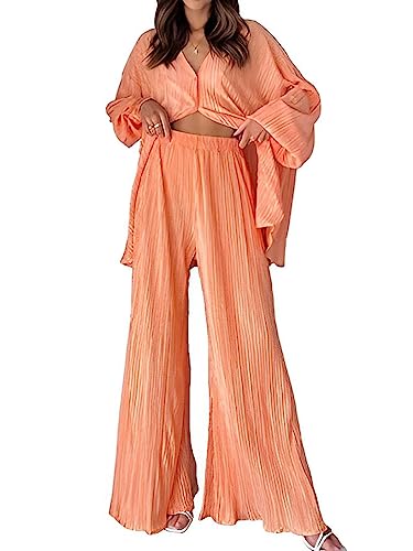 shownicer Damen Zweiteiler Plissee Set 2 Teiler Sommer Casual Outfits Revers Langarm Button Down Shirt Weites Bein Hose Loungewear Streetwear Anzüge Elegant Hosenanzüge A Orange M von shownicer