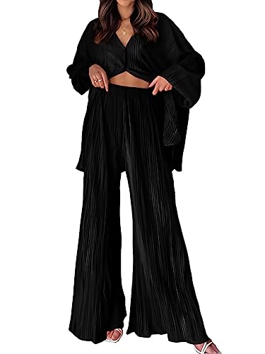 shownicer Damen Zweiteiler Plissee Set 2 Teiler Sommer Casual Outfits Revers Langarm Button Down Shirt Weites Bein Hose Loungewear Streetwear Anzüge Elegant Hosenanzüge A Schwarz XL shownicer Damen Zweiteiler Plissee Set 2 Teiler Sommer Casual Outfits Revers Langarm Button Down Shirt Weites Bein Hose Loungewear Streetwear Anzüge Elegant Hosenanzüge A Schwarz XL von shownicer