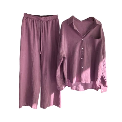 shownicer Damen Zweiteiler Sommer Leinen Set Elegant Hosenanzug Button Down Langarmshirt Langarm Revers Bluse + Weites Bein Hose Outfit Casual Loungewear Streetwear A Hellviolett XL von shownicer