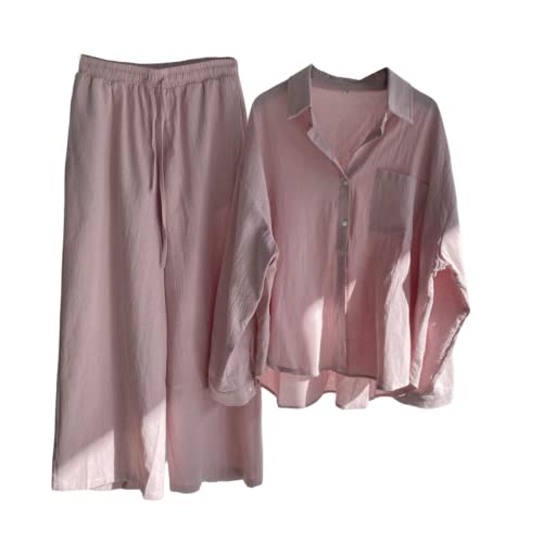 shownicer Damen Zweiteiler Sommer Leinen Set Elegant Hosenanzug Button Down Langarmshirt Langarm Revers Bluse + Weites Bein Hose Outfit Casual Loungewear Streetwear A Rosa L von shownicer