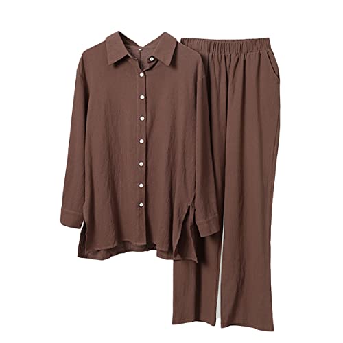 shownicer Damen Zweiteiler Sommer Leinen Set Elegant Hosenanzug Button Down Langarmshirt Langarm Revers Bluse + Weites Bein Hose Outfit Casual Loungewear Streetwear B Kaffee M von shownicer