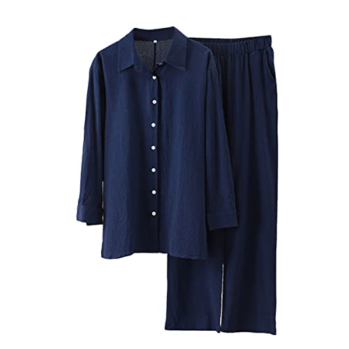 shownicer Damen Zweiteiler Sommer Leinen Set Elegant Hosenanzug Button Down Langarmshirt Langarm Revers Bluse + Weites Bein Hose Outfit Casual Loungewear Streetwear B Marine S von shownicer