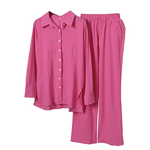 shownicer Damen Zweiteiler Sommer Leinen Set Elegant Hosenanzug Button Down Langarmshirt Langarm Revers Bluse + Weites Bein Hose Outfit Casual Loungewear Streetwear B Rosa XL von shownicer