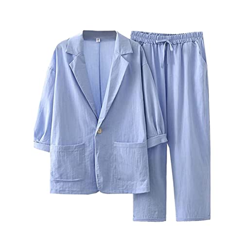 shownicer Damen Zweiteiler Sommer Leinen Set Elegant Hosenanzug Button Down Langarmshirt Langarm Revers Bluse + Weites Bein Hose Outfit Casual Loungewear Streetwear C Blau 3XL von shownicer