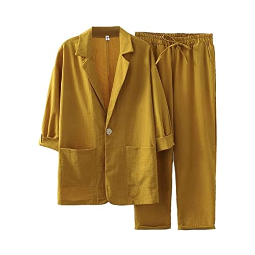 shownicer Damen Zweiteiler Sommer Leinen Set Elegant Hosenanzug Button Down Langarmshirt Langarm Revers Bluse + Weites Bein Hose Outfit Casual Loungewear Streetwear C Gelb XL von shownicer