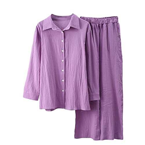 shownicer Damen Zweiteiler Sommer Leinen Set Elegant Hosenanzug Button Down Langarmshirt Langarm Revers Bluse + Weites Bein Hose Outfits Casual Loungewear Streetwear B Violett M von shownicer