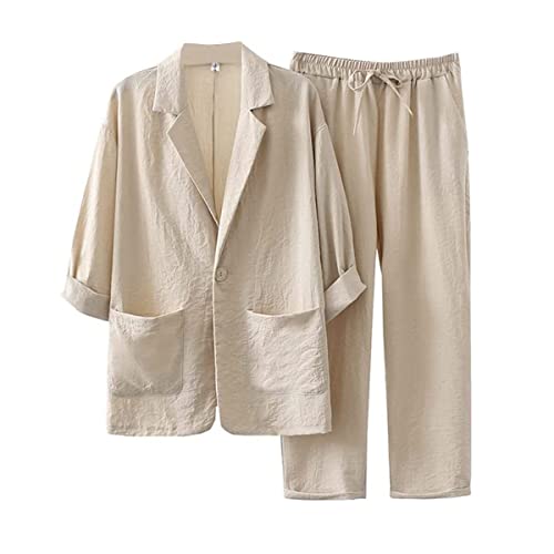 shownicer Damen Zweiteiler Sommer Leinen Set Elegant Hosenanzug Button Down Langarmshirt Langarm Revers Bluse + Weites Bein Hose Outfits Casual Loungewear Streetwear C Beige M von shownicer