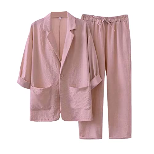 shownicer Damen Zweiteiler Sommer Leinen Set Elegant Hosenanzug Button Down Langarmshirt Langarm Revers Bluse + Weites Bein Hose Outfits Casual Loungewear Streetwear C Rosa XL von shownicer