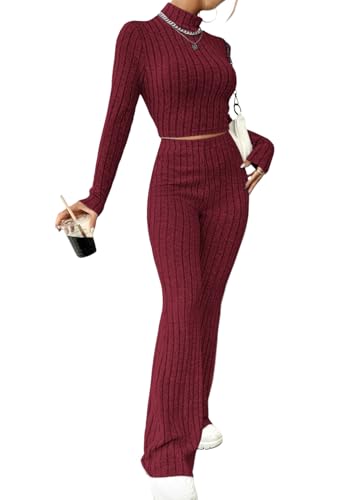 shownicer Damen Zweiteiler Strickanzug 2 Teiler Set Langarm Gerippt Crop Top Und Hose Loungewear Set Slim Fit Zweiteiler Outfit Freizeitanzug Casual Jogginganzug A Rot S von shownicer
