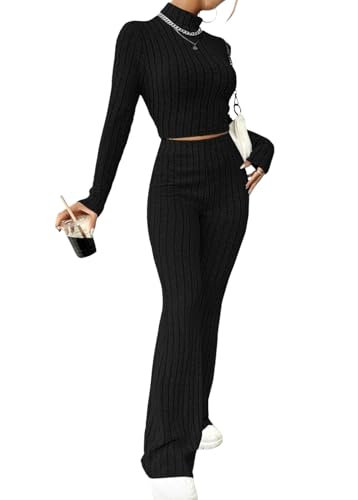 shownicer Damen Zweiteiler Strickanzug 2 Teiler Set Langarm Gerippt Crop Top Und Hose Loungewear Set Slim Fit Zweiteiler Outfit Freizeitanzug Casual Jogginganzug A Schwarz S von shownicer