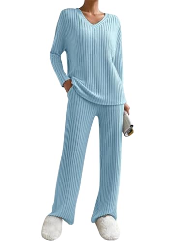 shownicer Damen Zweiteiler Strickanzug 2 Teiler Set Langarm Gerippt Strickpullover Und Hose Loungewear Set Zweiteiler Outfit Freizeitanzug Casual Jogginganzug A Blau XXL von shownicer