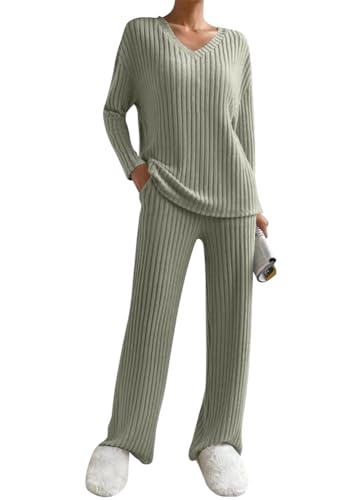 shownicer Damen Zweiteiler Strickanzug 2 Teiler Set Langarm Gerippt Strickpullover Und Hose Loungewear Set Zweiteiler Outfit Freizeitanzug Casual Jogginganzug A Grün M von shownicer