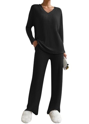shownicer Damen Zweiteiler Strickanzug 2 Teiler Set Langarm Gerippt Strickpullover Und Hose Loungewear Set Zweiteiler Outfit Freizeitanzug Casual Jogginganzug A Schwarz M von shownicer