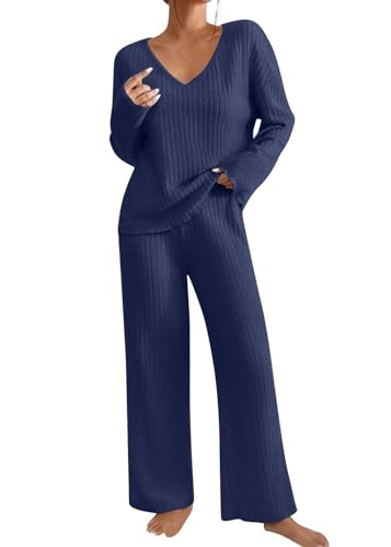 shownicer Damen Zweiteiler Strickanzug 2 Teiler Set Langarm Gerippt Strickpullover Und Hose Loungewear Set Zweiteiler Outfit Freizeitanzug Casual Jogginganzug B Blau M von shownicer