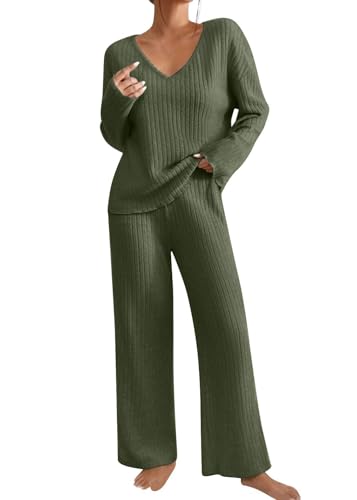 shownicer Damen Zweiteiler Strickanzug 2 Teiler Set Langarm Gerippt Strickpullover Und Hose Loungewear Set Zweiteiler Outfit Freizeitanzug Casual Jogginganzug B Grün M von shownicer