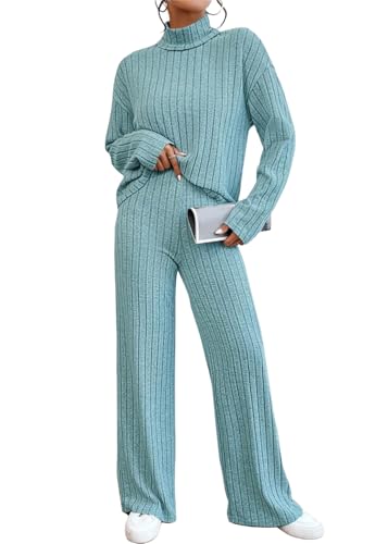 shownicer Damen Zweiteiler Strickanzug 2 Teiler Set Langarm Gerippt Strickpullover und Hose Loungewear Set Zweiteiler Outfit Freizeitanzug Casual Jogginganzug A Blau XL von shownicer
