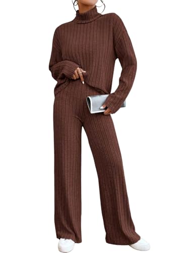 shownicer Damen Zweiteiler Strickanzug 2 Teiler Set Langarm Gerippt Strickpullover und Hose Loungewear Set Zweiteiler Outfit Freizeitanzug Casual Jogginganzug A Braun L von shownicer