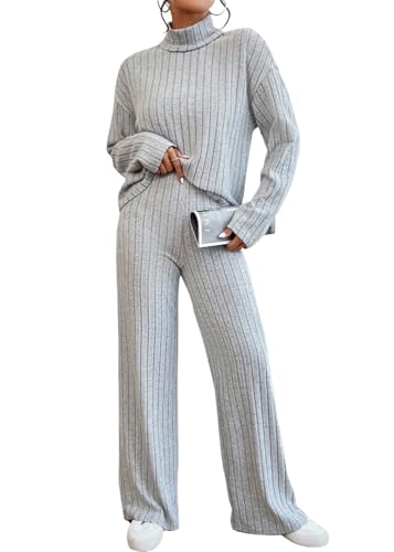 shownicer Damen Zweiteiler Strickanzug 2 Teiler Set Langarm Gerippt Strickpullover und Hose Loungewear Set Zweiteiler Outfit Freizeitanzug Casual Jogginganzug A Grau M von shownicer