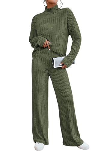 shownicer Damen Zweiteiler Strickanzug 2 Teiler Set Langarm Gerippt Strickpullover und Hose Loungewear Set Zweiteiler Outfit Freizeitanzug Casual Jogginganzug A Grün M von shownicer