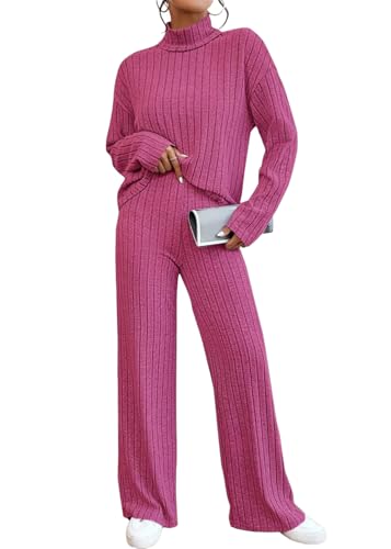 shownicer Damen Zweiteiler Strickanzug 2 Teiler Set Langarm Gerippt Strickpullover und Hose Loungewear Set Zweiteiler Outfit Freizeitanzug Casual Jogginganzug A Rosa L von shownicer