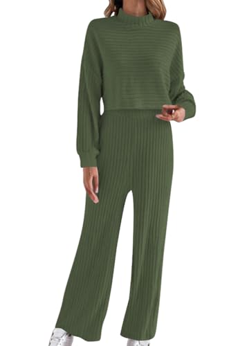 shownicer Damen Zweiteiler Strickanzug 2 Teiler Set Langarm Gerippt Strickpullover und Hose Loungewear Set Zweiteiler Outfit Freizeitanzug Casual Jogginganzug B Grün L von shownicer