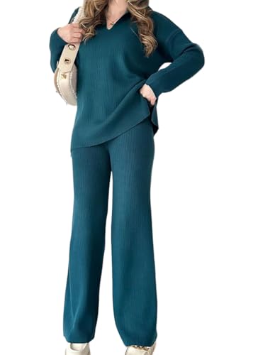 shownicer Damen Zweiteiler Strickanzug 2 Teiler Set Langarm V Ausschnitt Gerippt Strickpullover und Hose Loungewear Set Casual Hausanzug Zweiteiler Outfit Freizeitanzug A Dunkelgrün XL von shownicer
