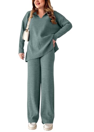 shownicer Damen Zweiteiler Strickanzug 2 Teiler Set Langarm V Ausschnitt Gerippt Strickpullover und Hose Loungewear Set Casual Hausanzug Zweiteiler Outfit Freizeitanzug A Hellgrün M von shownicer