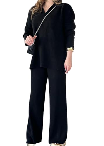 shownicer Damen Zweiteiler Strickanzug 2 Teiler Set Langarm V Ausschnitt Gerippt Strickpullover und Hose Loungewear Set Casual Hausanzug Zweiteiler Outfit Freizeitanzug A Schwarz M von shownicer