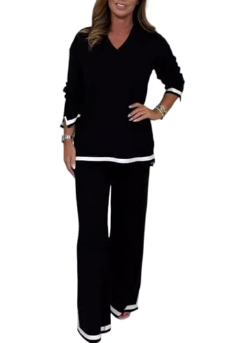 shownicer Damen Zweiteiler Strickanzug 2 Teiler Set Langarm V Ausschnitt Gerippt Strickpullover und Hose Loungewear Set Zweiteiler Outfit Freizeitanzug Casual Jogginganzug A Schwarz M von shownicer