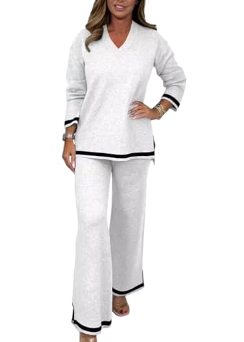 shownicer Damen Zweiteiler Strickanzug 2 Teiler Set Langarm V Ausschnitt Gerippt Strickpullover und Hose Loungewear Set Zweiteiler Outfit Freizeitanzug Casual Jogginganzug A Weiß XS von shownicer