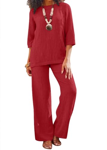 shownicer Damen Zweiteilige Outfits Leinen Freizeitanzug Sommer Tank Top und Hose Casual Einfarbig Hosenanzug mit Taschen Jogginganzug Leicht Elegant Leinenanzug Strand Streetwear A Rot XXL von shownicer