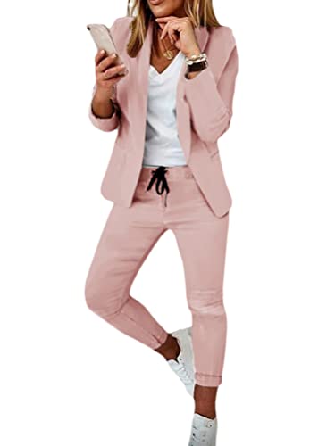 shownicer Damen Zweiteiliger Anzug Set Revers Büro Business Formal Blazer Langarm Anzugjacke Hosenanzug Slim Fit Hose 2 Stück A Rosa M von shownicer