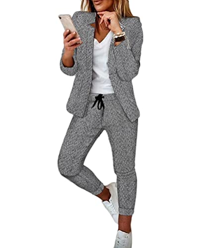 shownicer Damen Zweiteiliger Anzug Set Revers Büro Business Formal Blazer Langarm Anzugjacke Hosenanzug Slim Fit Hose 2 Stück C Grau XL von shownicer