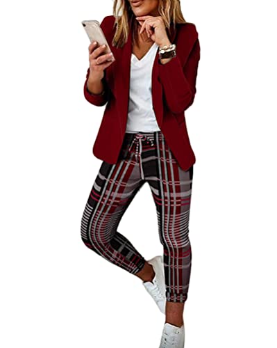 shownicer Damen Zweiteiliger Anzug Set Revers Büro Business Formal Blazer Langarm Anzugjacke Hosenanzug Slim Fit Hose 2 Stück C Rot L von shownicer