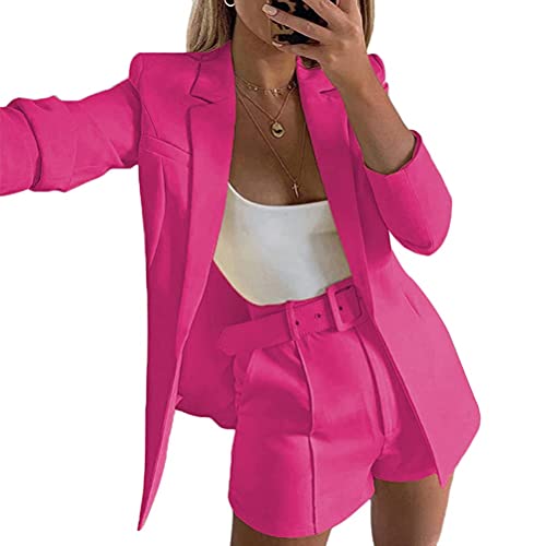 shownicer Damen Zweiteiliger Anzug Set Revers Business Büro Einfarbig Blazer Langarm Anzugjacke Hosenanzug Slim Fit Shorts 2 Stück Anzugsets mit Gürtel Casual Dunkelpink S von shownicer