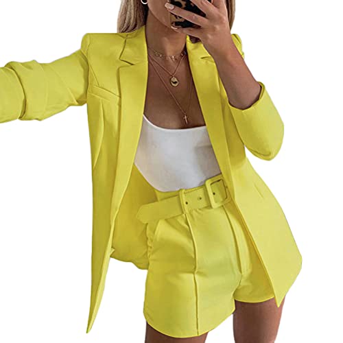 shownicer Damen Zweiteiliger Anzug Set Revers Business Büro Einfarbig Blazer Langarm Anzugjacke Hosenanzug Slim Fit Shorts 2 Stück Set Anzugsets mit Gürtel Gelb XXL von shownicer