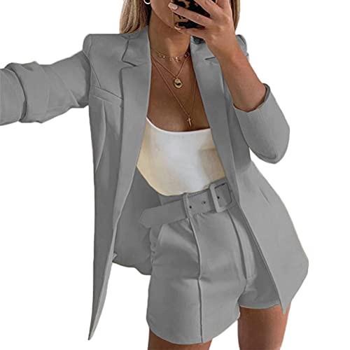 shownicer Damen Zweiteiliger Anzug Set Revers Business Büro Einfarbig Blazer Langarm Anzugjacke Hosenanzug Slim Shorts 2 Stück Anzugsets mit Gürtel Grau L von shownicer