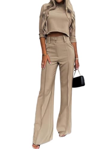 shownicer Damen Zweiteiliges Sets Spitze Bestickter Chiffon Shirt und Hohe Taille Hose Abendanzug Cocktail Party Festlich Hosenanzug 2-Teiliges Set A Khaki S von shownicer