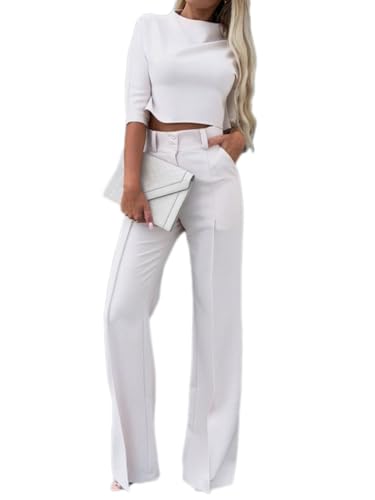 shownicer Damen Zweiteiliges Sets Spitze Bestickter Chiffon Shirt und Hohe Taille Hose Abendanzug Cocktail Party Festlich Hosenanzug 2-Teiliges Set A Weiß M von shownicer