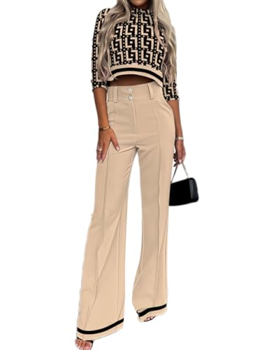 shownicer Damen Zweiteiliges Sets Spitze Bestickter Chiffon Shirt und Hohe Taille Hose Abendanzug Cocktail Party Festlich Hosenanzug 2-Teiliges Set B Khaki M von shownicer
