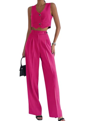 shownicer Damen Zweiteiliges Sets Spitze Bestickter Chiffon Shirt und Hohe Taille Hose Abendanzug Cocktail Party Festlich Hosenanzug 2-Teiliges Set C Rose Rot S von shownicer