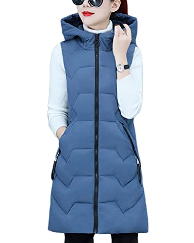 shownicer Daunenweste Damen Lang Wintermantel Vest mit Kapuze Ärmellose Warmer Daunenmantel mit Taschen Steppweste Daunenjacke Steppjacke Outdoor Weste A Blau L von shownicer