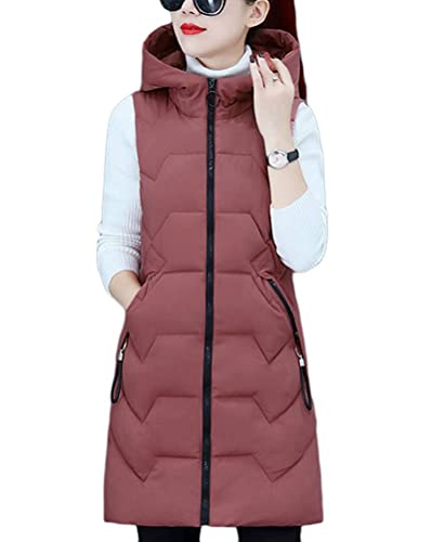 shownicer Daunenweste Damen Lang Wintermantel Vest mit Kapuze Ärmellose Warmer Daunenmantel mit Taschen Steppweste Daunenjacke Steppjacke Outdoor Weste A Rosa 3XL von shownicer