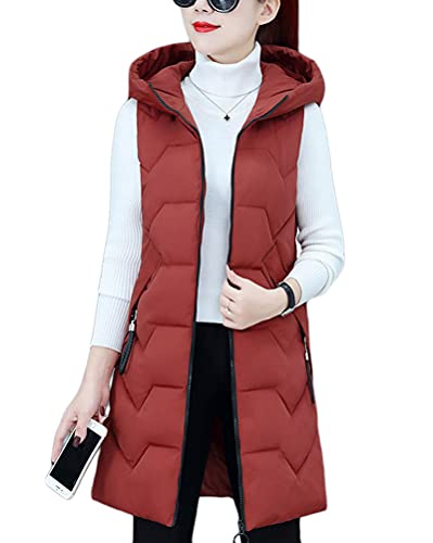 shownicer Daunenweste Damen Lang Wintermantel Vest mit Kapuze Ärmellose Warmer Daunenmantel mit Taschen Steppweste Daunenjacke Steppjacke Outdoor Weste A Weinrot 3XL von shownicer