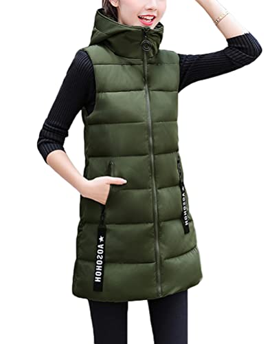 shownicer Daunenweste Damen Lang Wintermantel Vest mit Kapuze Ärmellose Warmer Daunenmantel mit Taschen Steppweste Daunenjacke Steppjacke Outdoor Weste C Grün S von shownicer