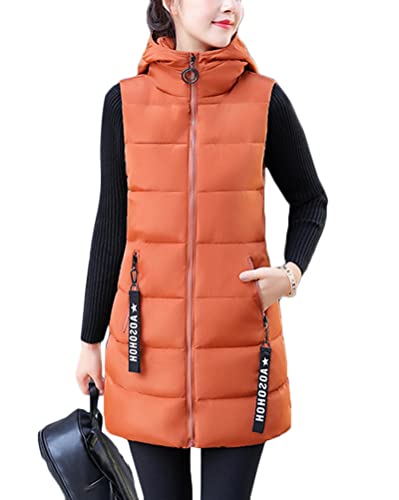 shownicer Daunenweste Damen Lang Wintermantel Vest mit Kapuze Ärmellose Warmer Daunenmantel mit Taschen Steppweste Daunenjacke Steppjacke Outdoor Weste C Orange XXL von shownicer